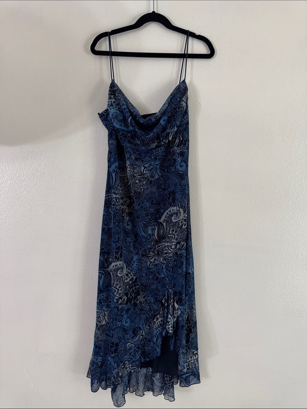 Vintage City Triangles Blue Paisley Cowl Slip Maxi Dress, bias cut, size m (s/m)